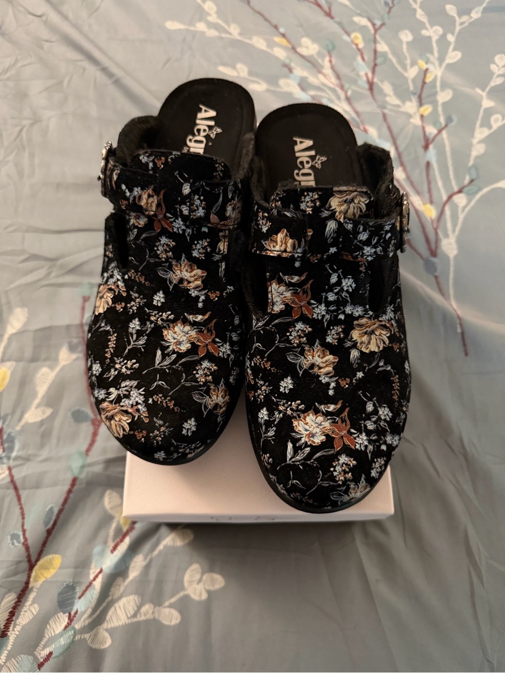 Alegria Black Floral Velvet Clog Mules with Adjustable Strap